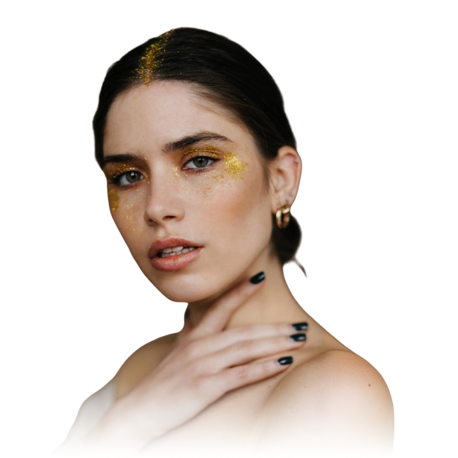 Calm brunette female model posing golden accessories fashionable black-haired girl with party makeup