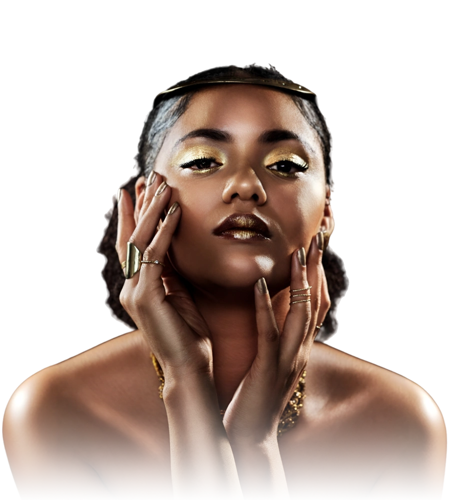 Woman portrait makeup beauty studio with cosmetic confidence tribal jewelry Indian person face